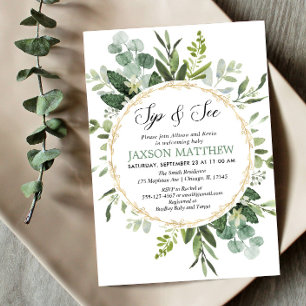 Greenery Sip and See, Eucalyptus Meet greet baby Invitation