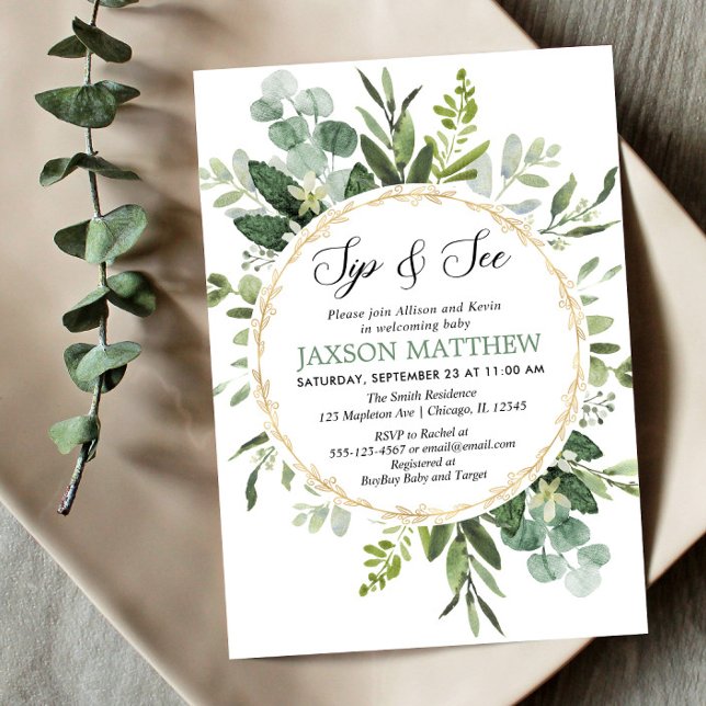 Greenery Sip and See, Eucalyptus Meet greet baby Invitation (Creator Uploaded)