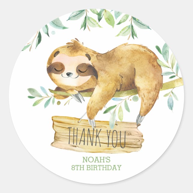 Greenery Sloth Birthday Baby Shower Thank Favour Classic Round Sticker (Front)