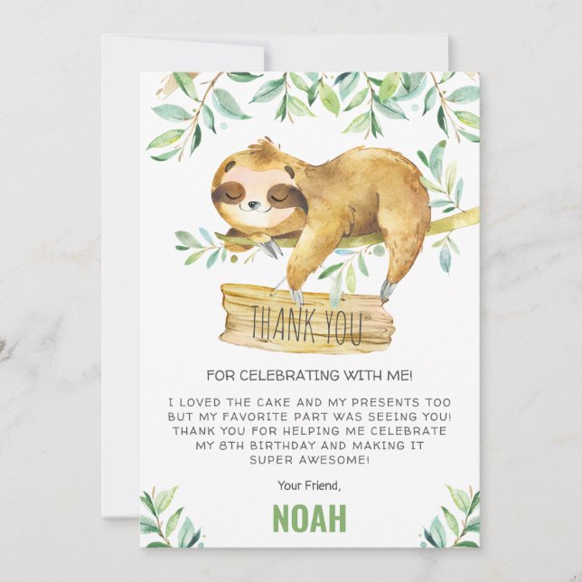 Greenery Sloth Sleepover Slumber Pajama Birthday Thank You Card (Front)