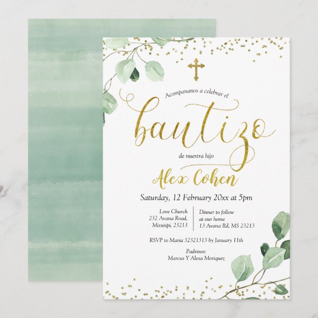 Greenery Spanish Boy Bautizo Invitacion Invitation (Front/Back)
