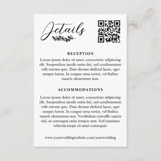 Greenery Sprig Elegant Wedding Details QR Code Enclosure Card (Front)