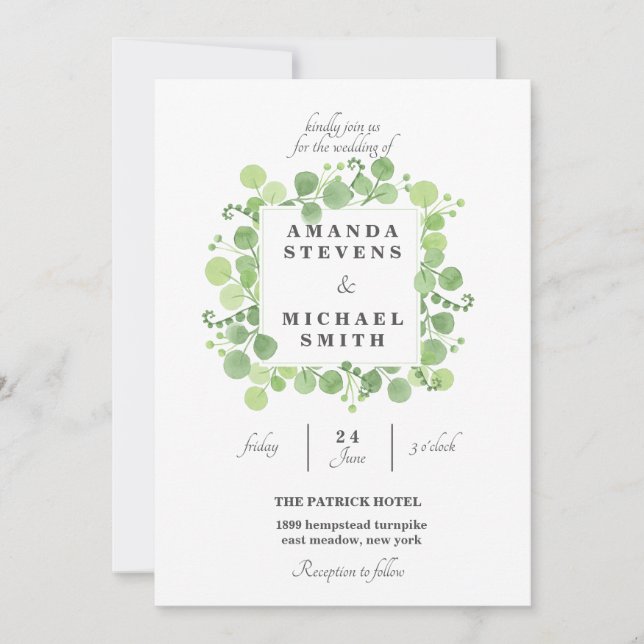 Greenery Sqare leaves Wreath Watercolor Wedding Invitation (Front)