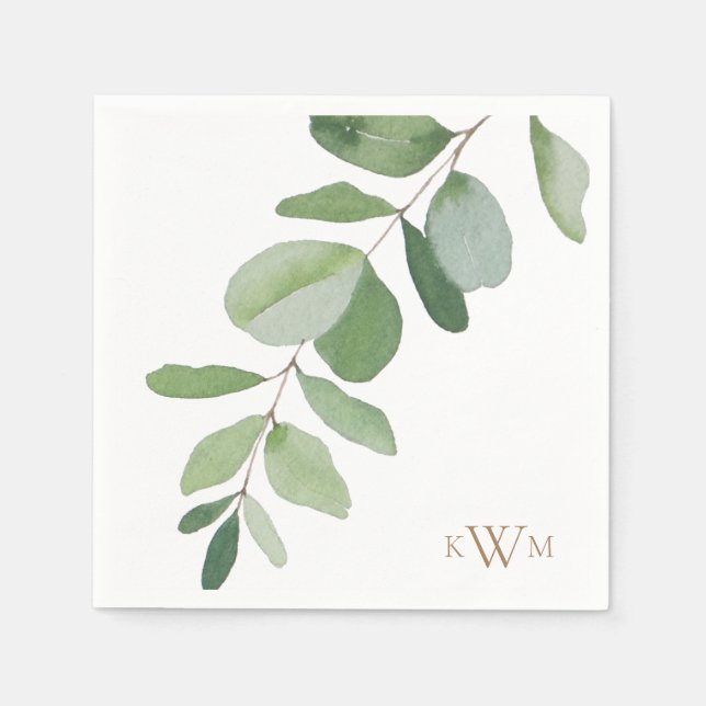 Greenery Stem Gold Monogram Wedding  Napkin (Front)