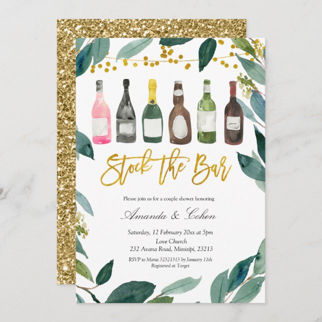Greenery Stock the Bar Couple Shower Invitation (Front/Back)