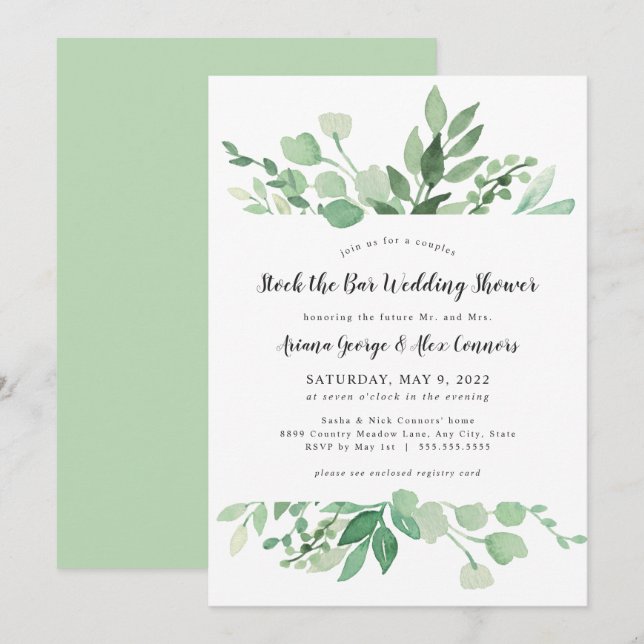 Greenery stock the bar wedding shower invitation (Front/Back)