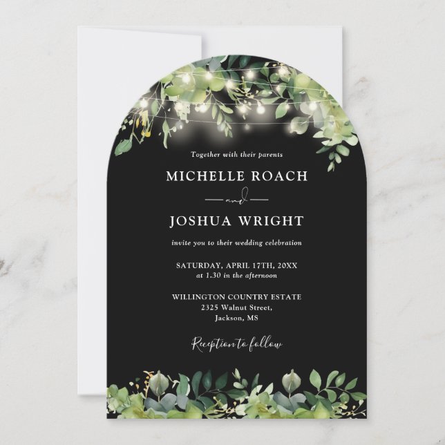 Greenery String Lights Arch QR Code Wedding Invitation (Front)