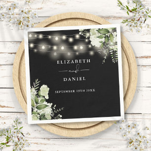 Greenery String Lights Black And White Wedding Napkin