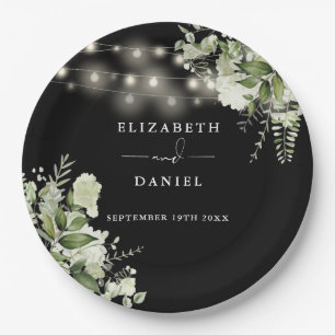 Greenery String Lights Black And White Wedding Paper Plate