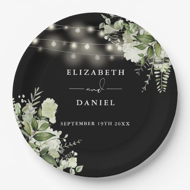Greenery String Lights Black And White Wedding Paper Plate (Front)