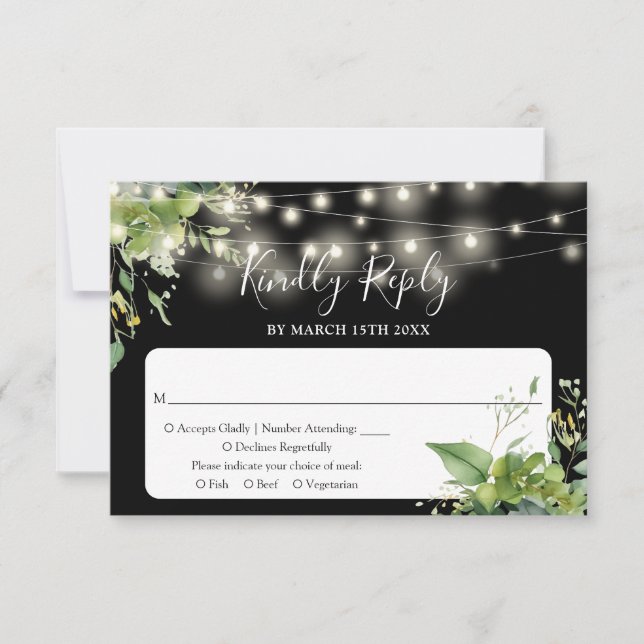 Greenery String Lights Black And White Wedding RSVP Card (Front)
