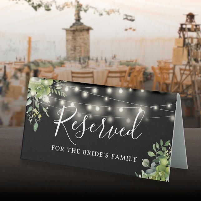 Greenery String Lights Black Wedding Reserved (Greenery String Lights Black Wedding Reserved Table Tent Sign)