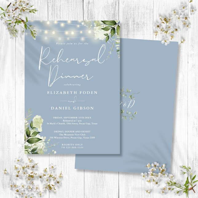 Greenery String Lights Dusty Blue Rehearsal Dinner Invitation (Greenery String Lights Dusty Blue Rehearsal Dinner Invitation)