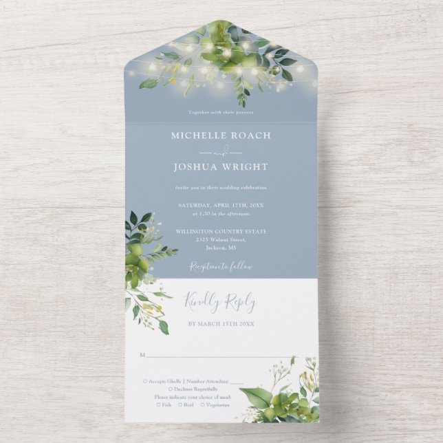 Greenery String Lights Dusty Blue Wedding All In One Invitation (Inside)