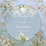 Greenery String Lights Dusty Blue Wedding Favour Classic Round Sticker<br><div class="desc">Elegant dusty blue floral greenery string lights sticker personalised with your names and special date. Designed by Thisisnotme©</div>