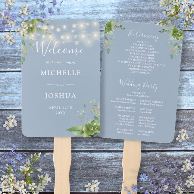 Greenery String Lights Dusty Blue Wedding Program Hand Fan (Greenery String Lights Dusty Blue Wedding Program Hand Fan)