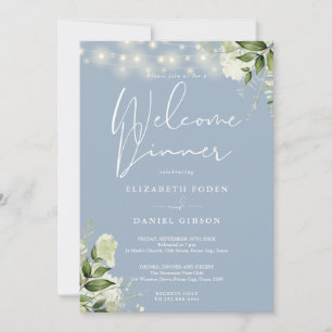 Greenery String Lights Dusty Blue Welcome Dinner Invitation