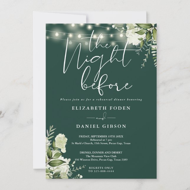 Greenery String Lights Emerald Rehearsal Dinner Invitation (Front)