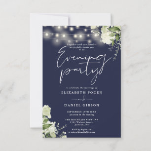 Greenery String Lights Navy Wedding Evening Party Invitation