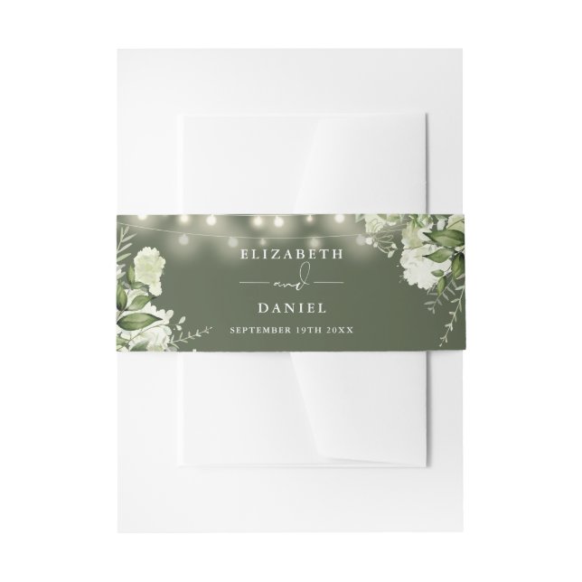 Greenery String Lights Olive Green Wedding Invitation Belly Band (Front Example)