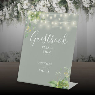 Greenery String Lights Sage Green Guestbook Pedestal Sign