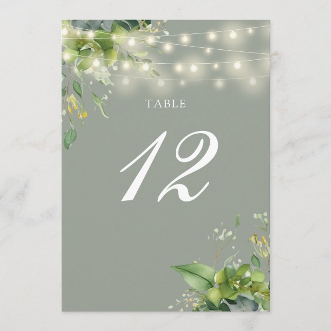 Greenery String Lights Sage Green Table Number (Front)