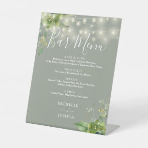 Greenery String Lights Sage Green Wedding Bar Menu Pedestal Sign