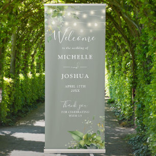 Greenery String Lights Sage Green Wedding Welcome Retractable Banner