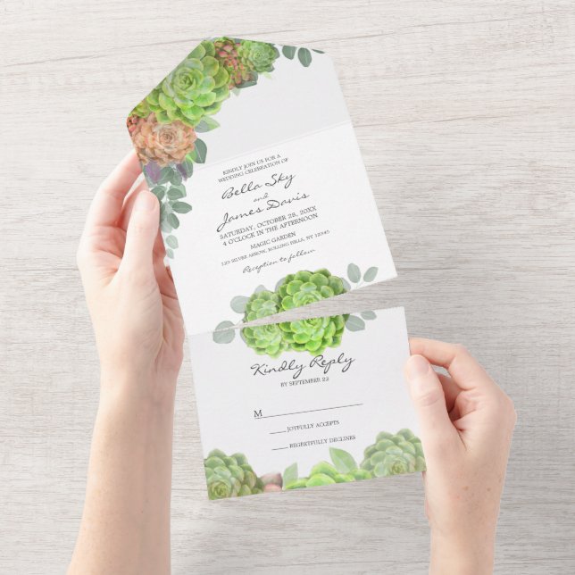 Greenery Succulent All in One Wedding Invitation (Tearaway)