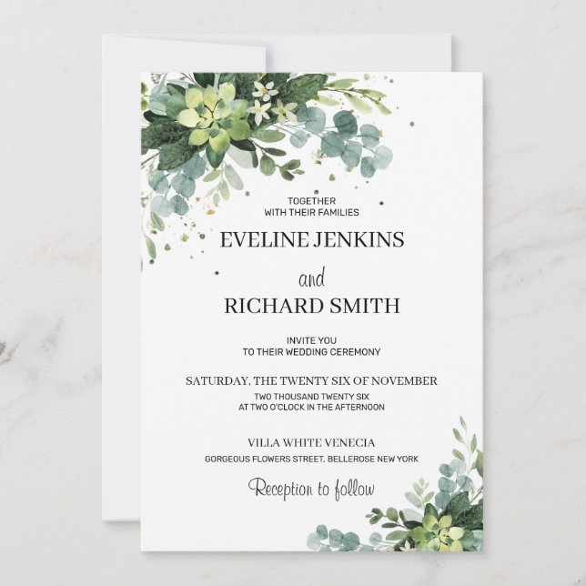 Greenery succulent boho gold glitter sparkles invitation (Front)