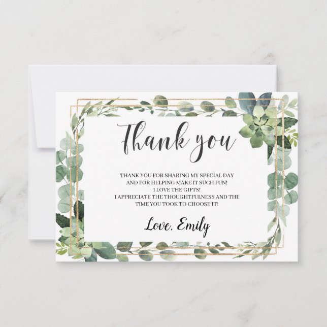 Greenery succulent bridal shower thank you card (Front)