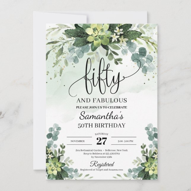 Greenery succulent flowers leaves 50th birthday invitation (Front)