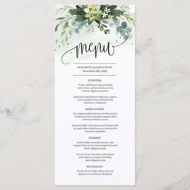 Greenery succulent greenery foliage wedding menu (Front)
