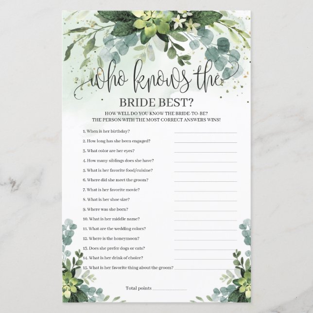 Greenery succulent who knows the bride best game (Front)