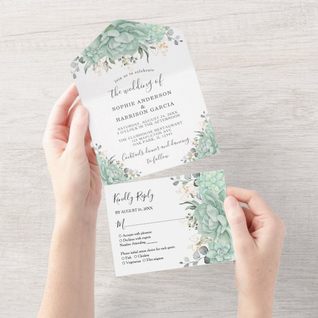 Greenery Succulents and Gold Leaves Wedding All In One Invitation (Tearaway)
