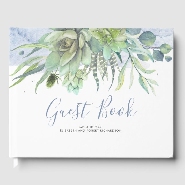 Greenery Succulents Dusty Blue Wedding Guest Book (Front)