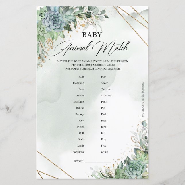 Greenery succulents gold frame Baby Animal Match  (Front)