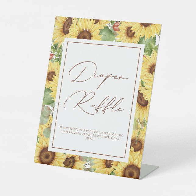  Greenery Sunflower Baby Shower Diaper Raffle Pedestal Sign (Front)