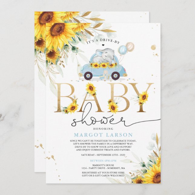 Greenery Sunflower Elephant Drive By Baby Shower Invitation (Front/Back)