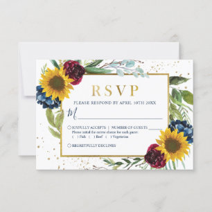 Greenery Sunflower Floral Gold Glitter Wedding RSVP Card