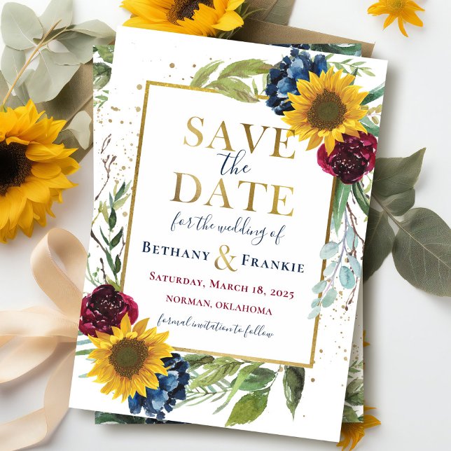 Greenery Sunflower Floral Gold Save The Date Card (Creator Uploaded)