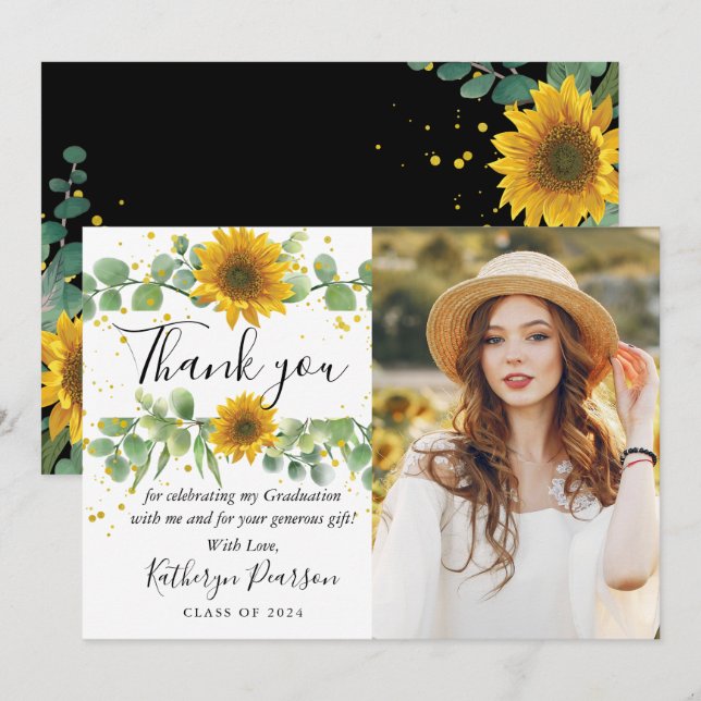 Greenery Sunflower Graduation Photo Thank you Card (Front/Back)