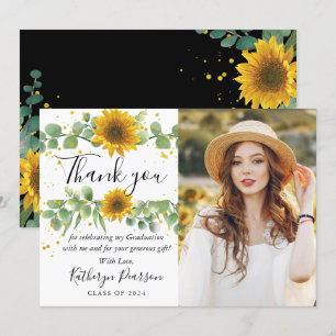Greenery Sunflower Graduation Photo Thank you Card