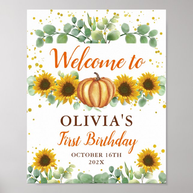 Greenery Sunflower Pumpkin Autumn Birthday Welcome Poster (Front)