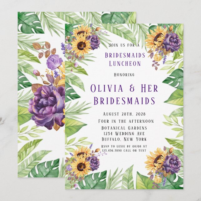 Greenery Sunflower Purple Floral Bridesmaids Lunch Invitation (Front/Back)