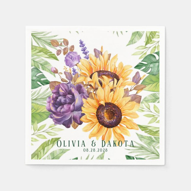 Greenery Sunflowers and Purple Floral Wedding Napkin (Front)