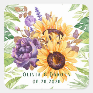 Greenery Sunflowers and Purple Floral Wedding Square Sticker