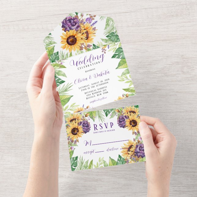 Greenery Sunflowers and Purple Florals Wedding All In One Invitation (Tearaway)