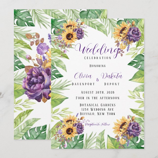 Greenery Sunflowers and Purple Florals Wedding Inv Invitation (Front/Back)