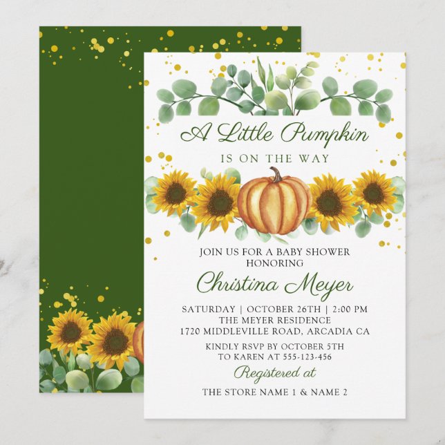 Greenery Sunflowers Autumn Pumpkin Baby Shower Invitation (Front/Back)